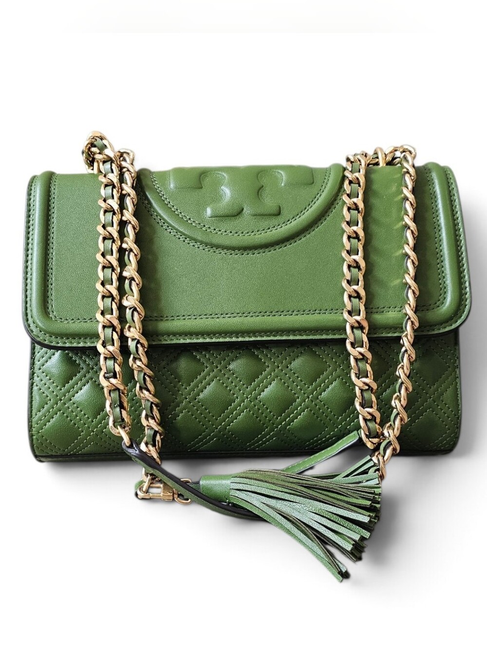 Tory Burch Fleming Green Quilted Leather Shoulder Bag